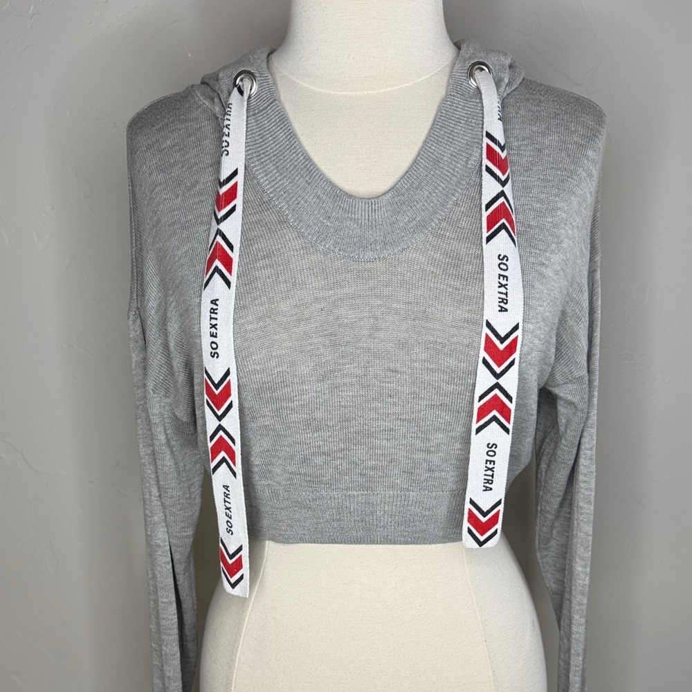Gray Crop Long Sleeve Top with Red and White So Extra Drawstring